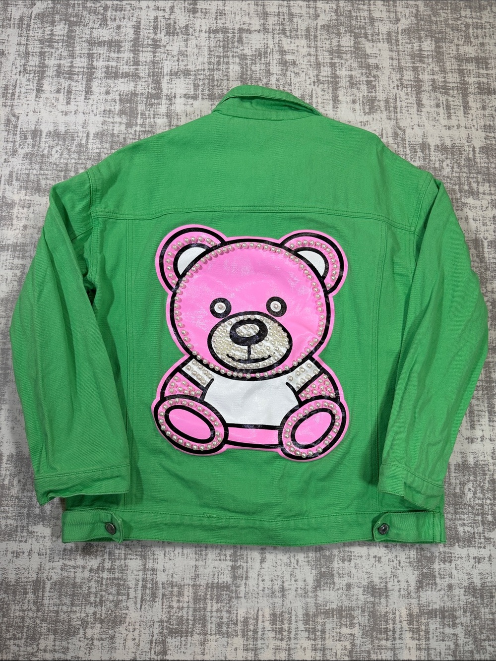 Unique Green Denim Jacket with Pink Teddy Patch Detail Size M 25x21
